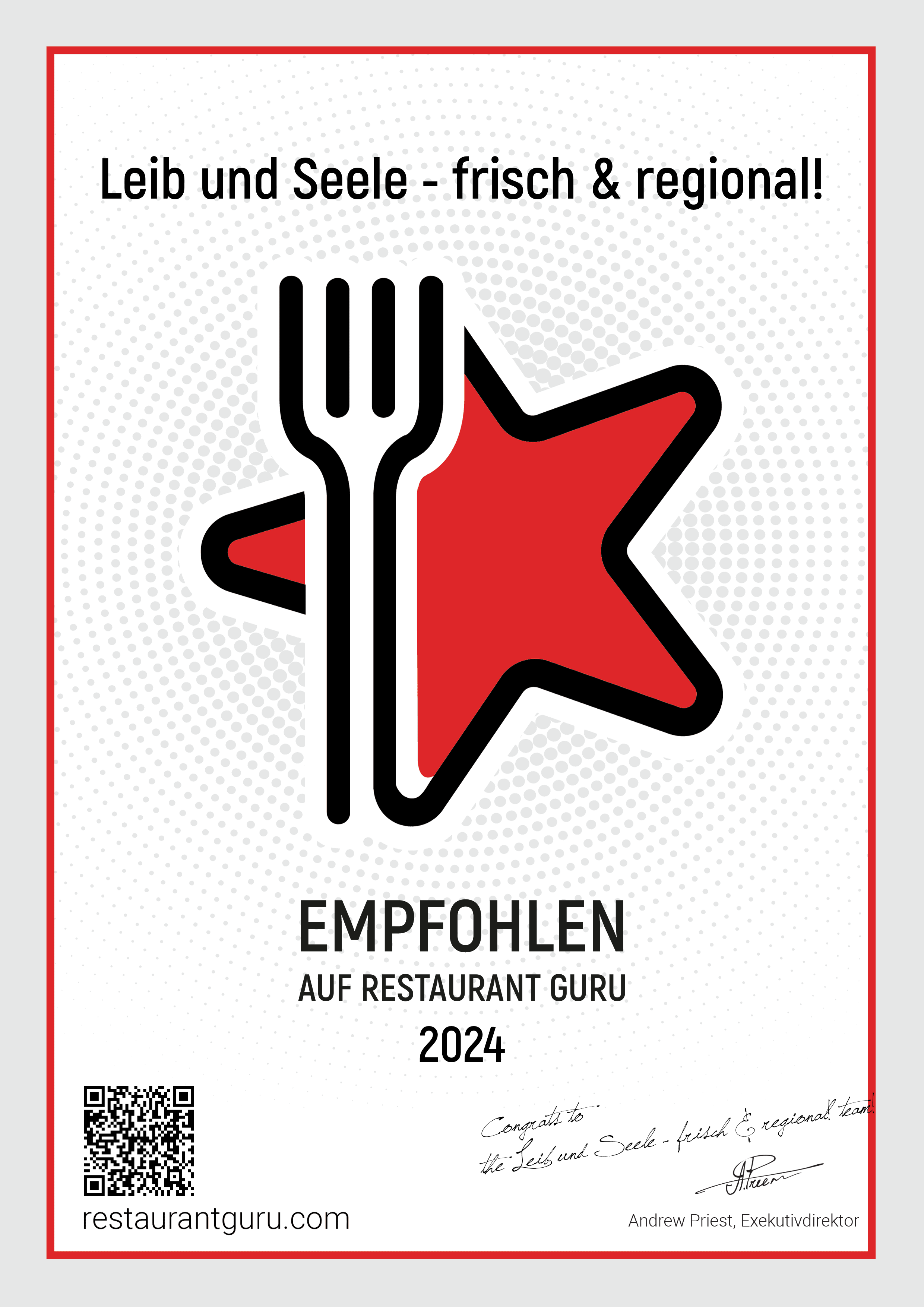 Zertifikat Restaurant Guru 2024 Leib&Seele Empfehlung